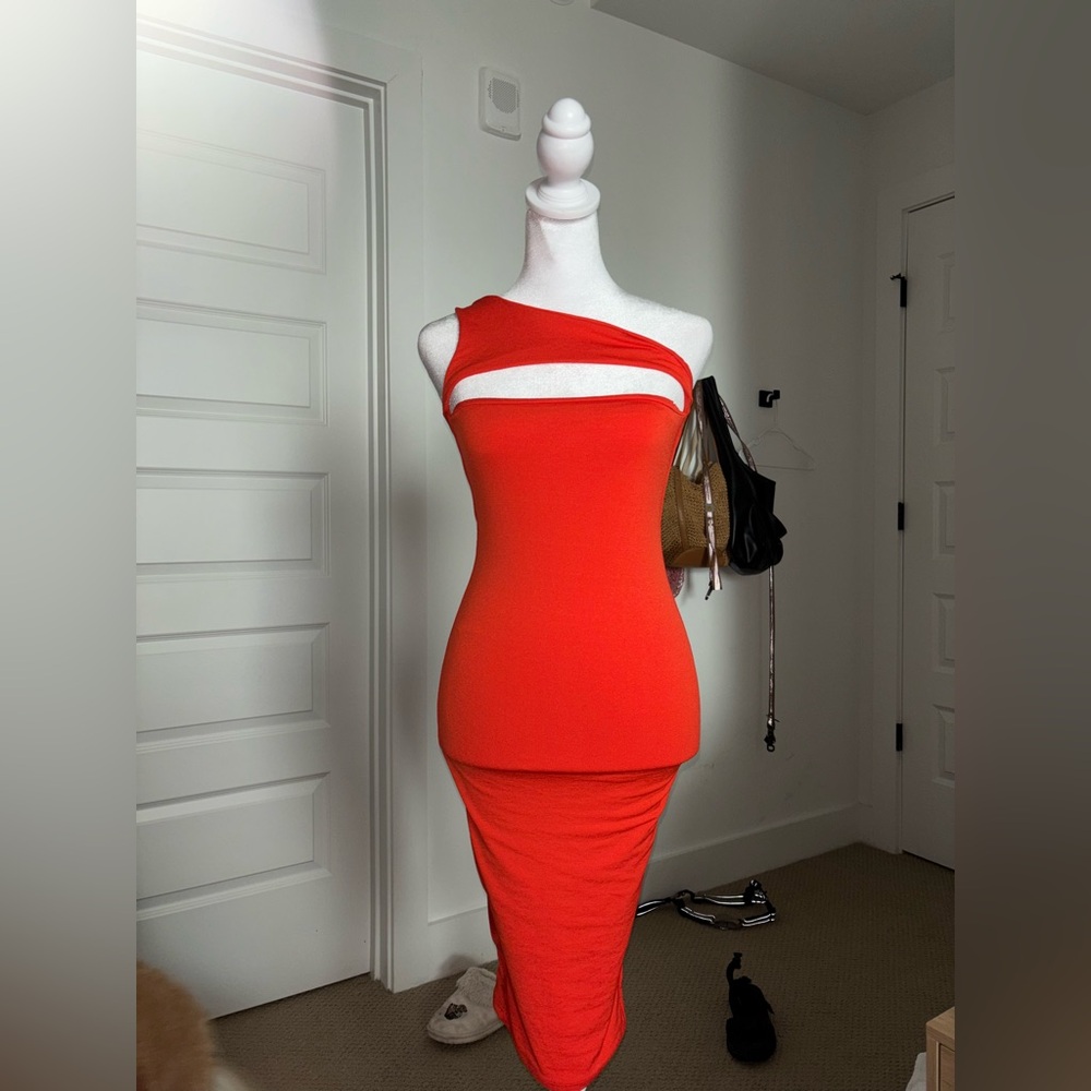 Naked Wardrobe Red One-Shoulder Bodycon Dress